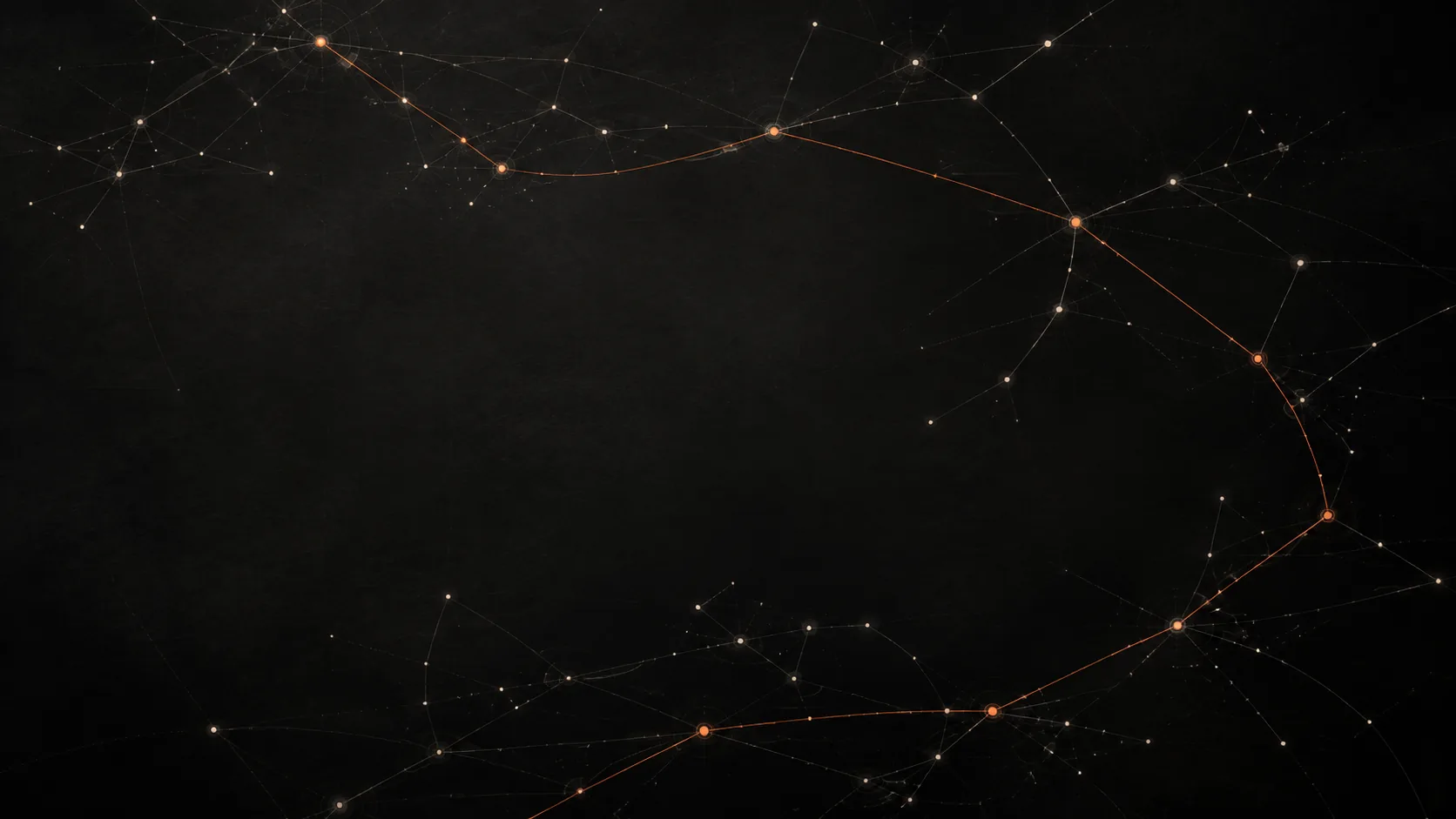 An abstract route-search network of branching grey lines and warm-white nodes, with one multi-leg chain traced in orange.